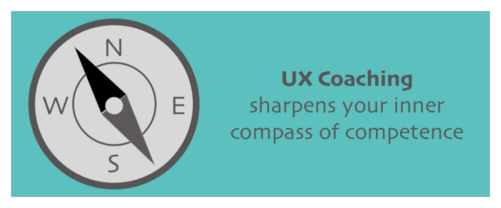 A compass on the left and a text beside "UX Coaching sharpens your inner compass of competence""