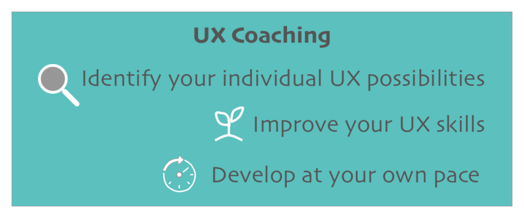 Text "UX Coaching", Icon of a magnifier "Identify your individual UX possibilities", Icon growing plant "Improve your UX skills", Icon clock with arrow "Develop at your own pace"
